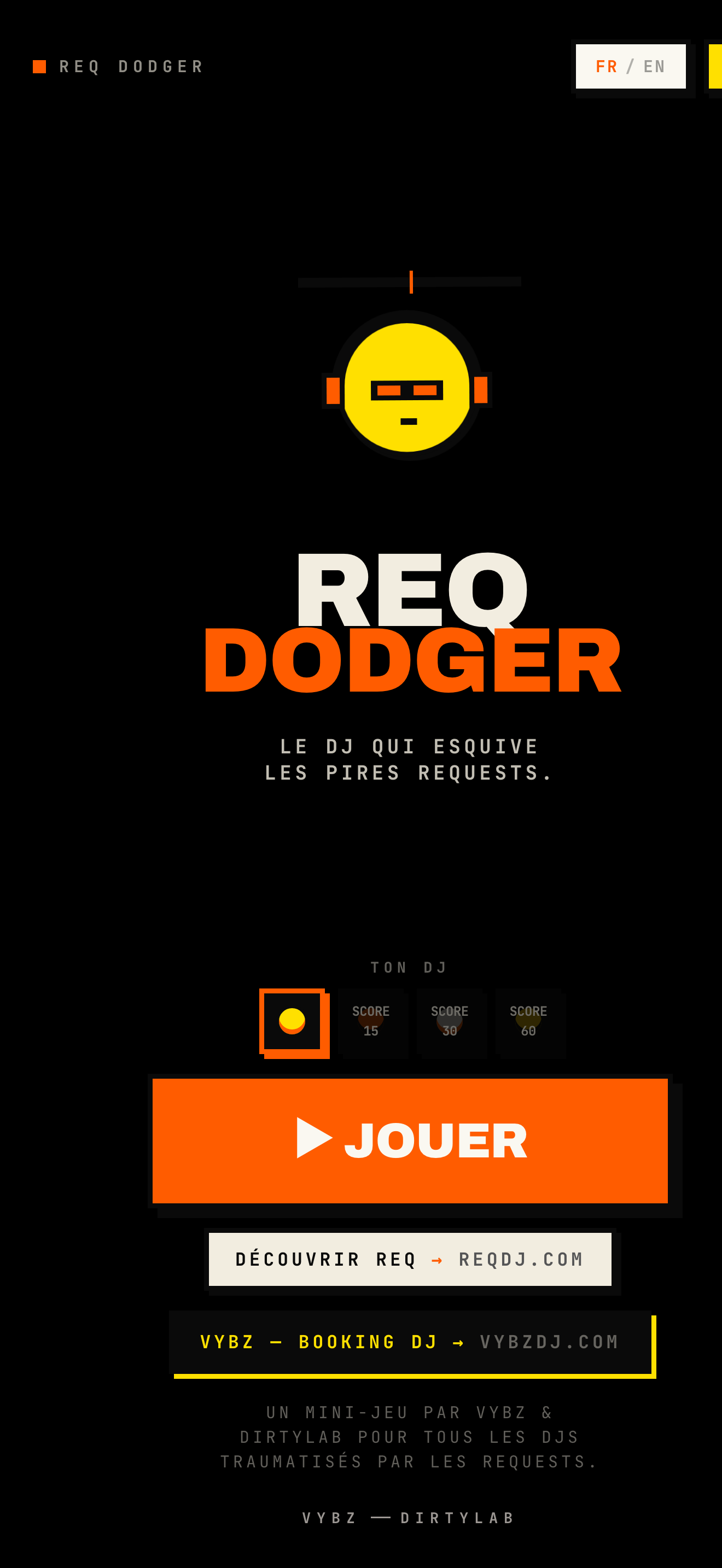 Écran d'accueil de REQ DODGER avec le titre et le bouton Jouer
